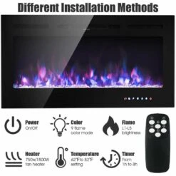 36 In. Electric Fireplace Recessed And Wall Mounted 750-Watt/1500-Watt With Multicolor Flame -Fire Place Store black gymax freestanding electric fireplaces gym03650 1f 1000