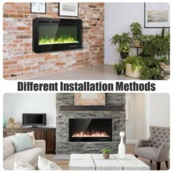 36 In. Electric Fireplace Recessed And Wall Mounted 750-Watt/1500-Watt With Multicolor Flame -Fire Place Store black gymax freestanding electric fireplaces gym03650 4f 1000