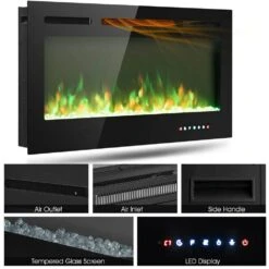 36 In. Electric Fireplace Recessed And Wall Mounted 750-Watt/1500-Watt With Multicolor Flame -Fire Place Store black gymax freestanding electric fireplaces gym03650 fa 1000