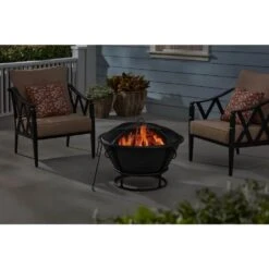 30.00 In. W Black Cast Iron Wood Outdoor Fire Pit With Grate, Cover, And Poker Included
