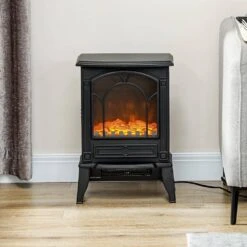 HOMCOM 15.25 In. Freestanding Electric Fireplace Stove With Overheat Protection 750W/1500W In Black -Fire Place Store black homcom freestanding electric fireplaces 820 215v82bk c3 1000