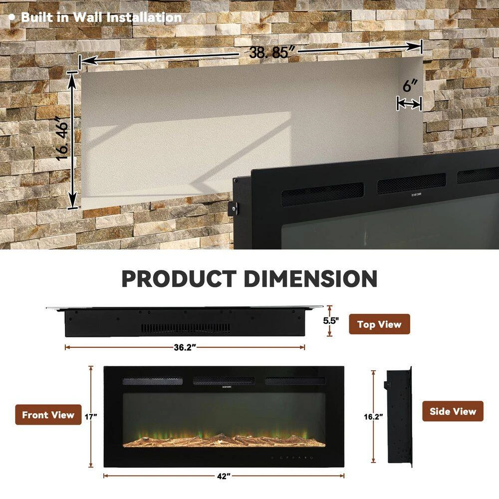 42 In. Wall-Mounted Metal Smart Electric Fireplace In Black 8 42 In. Wall-Mounted Metal Smart Electric Fireplace In Black - Image 8