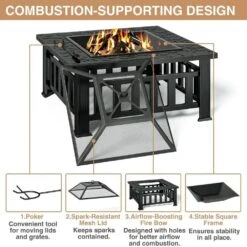 32 In. Wood-Burning Fire Pit Table-Square Metal Outdoor Firepit For Patio, Backyard, Or BBQ-Black -Fire Place Store black kingchii wood burning fire pits firepit 44 1000