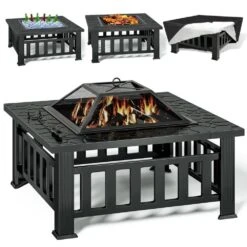 32 In. Wood-Burning Fire Pit Table-Square Metal Outdoor Firepit For Patio, Backyard, Or BBQ-Black