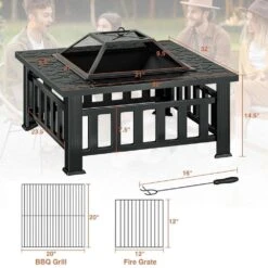 32 In. Wood-Burning Fire Pit Table-Square Metal Outdoor Firepit For Patio, Backyard, Or BBQ-Black -Fire Place Store black kingchii wood burning fire pits firepit 76 1000