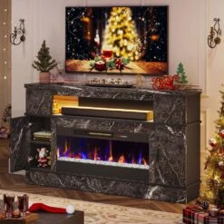 63 In. Black Marble Freestanding Electric Fireplace TV Stand Fits TV Up To 70 In. Entertainment Center With Cabinet -Fire Place Store black marble bestier fireplace tv stands usthdczus l104216fp blkmbt m 1d 1000