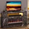 63 In. Black Marble Freestanding Electric Fireplace TV Stand Fits TV Up To 70 In. Entertainment Center With Cabinet