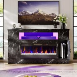 63 In. Black Marble Freestanding Electric Fireplace TV Stand Fits TV Up To 70 In. Entertainment Center With Cabinet -Fire Place Store black marble bestier fireplace tv stands usthdczus l104216fp blkmbt m 66 1000