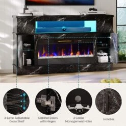 63 In. Black Marble Freestanding Electric Fireplace TV Stand Fits TV Up To 70 In. Entertainment Center With Cabinet -Fire Place Store black marble bestier fireplace tv stands usthdczus l104216fp blkmbt m a0 1000