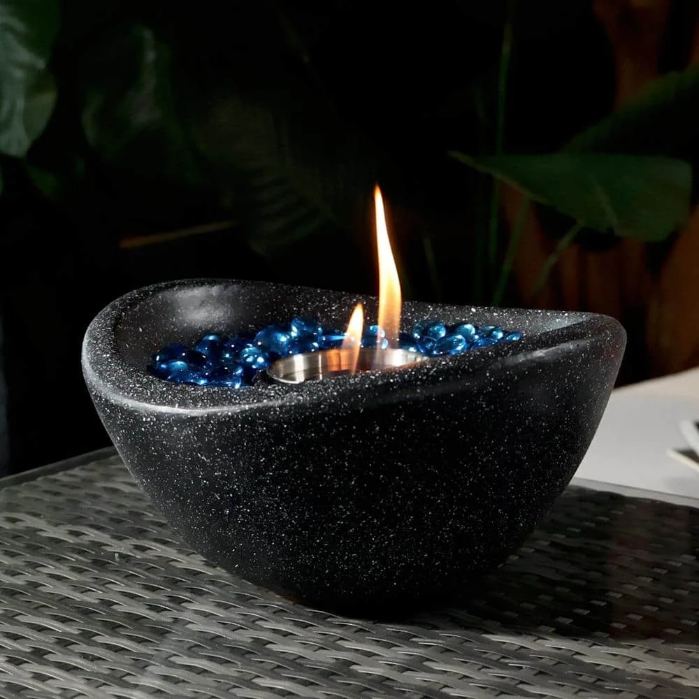 11 In. Black Outdoor Concrete Gel Or Liquid Fire Pit Mixed Color Tabletop Mini Smokeless Fire Bowl With Blue Glass Beads 2 11 In. Black Outdoor Concrete Gel Or Liquid Fire Pit Mixed Color Tabletop Mini Smokeless Fire Bowl With Blue Glass Beads - Image 2