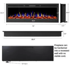72 In. Electric Fireplace- Wall Mount Or Recessed -Fire Place Store black northwest wall mounted electric fireplaces 80 effv 7 fa 1000