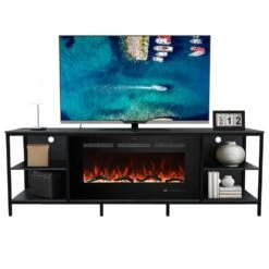 70 In. Electric Fireplace TV Stand With Metal Frame Fits TVs Up To 80 In. 13 Flame Colors, Thermostat, Balck
