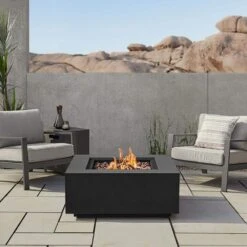 Aegean 36 In. W X 15 In. H Outdoor Square Powder Coated Steel Propane Fire Pit In Black With Lava Rocks