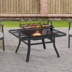 Darius 38 In. Black Square Firepit Laege Steel Fire Pits With Adjustable Cooktop BBQ Grill And Fire Poker For Outside -Fire Place Store black sunjoy wood burning fire pits a301027100 c3 1000