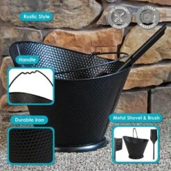 5-Gal. Iron Ash Bucket With Brush And Shovel - Black -Fire Place Store black sunnydaze ash buckets cft 697 44 1000
