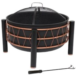 Trapezoid Pattern Oil-Rubbed Brown Steel Fire Pit With Cover -Fire Place Store black sunnydaze wood burning fire pits fsn 731 fa 1000