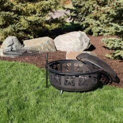 36 In. W X 22.5 In. H Round Steel Wood Burning Fire Pit With Cooking Grate And Spark Screen 13 36 In. W X 22.5 In. H Round Steel Wood Burning Fire Pit With Cooking Grate And Spark Screen -Fire Place Store black sunnydaze wood burning fire pits kf asfp blk 4f 1000