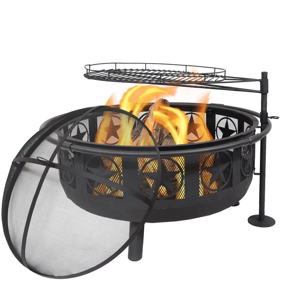 36 In. W X 22.5 In. H Round Steel Wood Burning Fire Pit With Cooking Grate And Spark Screen 1 36 In. W X 22.5 In. H Round Steel Wood Burning Fire Pit With Cooking Grate And Spark Screen