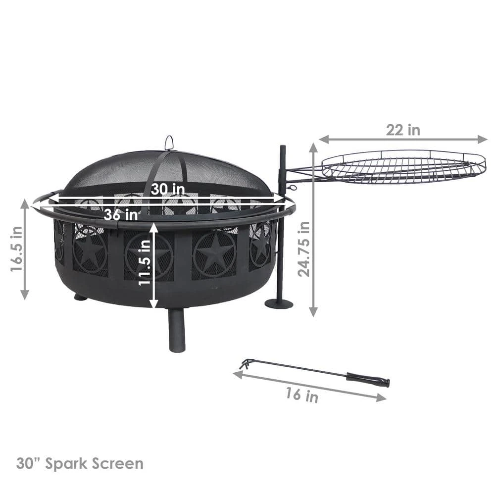 36 In. W X 22.5 In. H Round Steel Wood Burning Fire Pit With Cooking Grate And Spark Screen 3 36 In. W X 22.5 In. H Round Steel Wood Burning Fire Pit With Cooking Grate And Spark Screen - Image 3