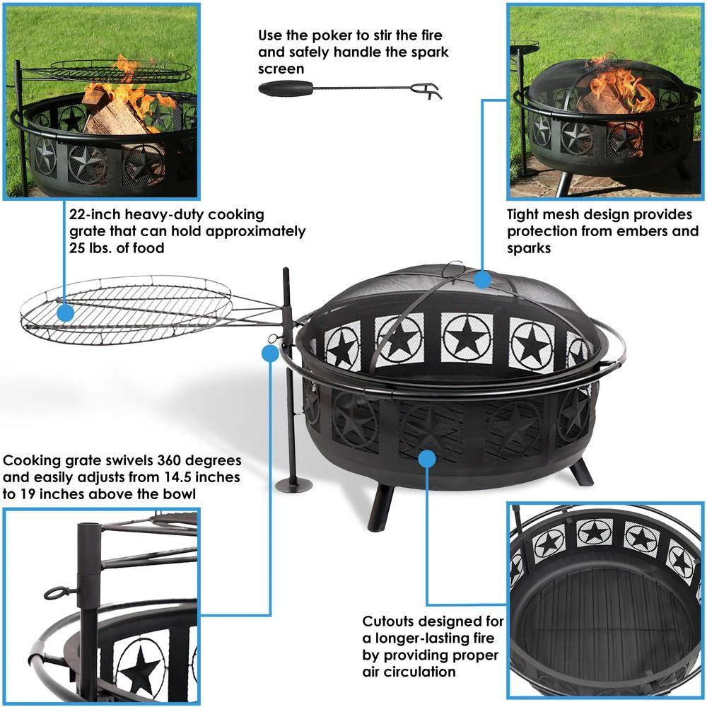 36 In. W X 22.5 In. H Round Steel Wood Burning Fire Pit With Cooking Grate And Spark Screen 9 36 In. W X 22.5 In. H Round Steel Wood Burning Fire Pit With Cooking Grate And Spark Screen - Image 9