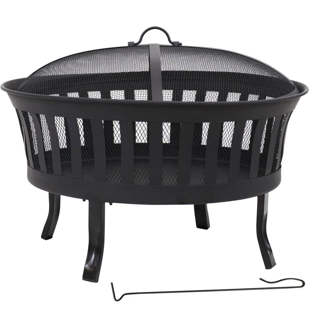 25 In. Steel Mesh Stripe Cutout Fire Pit With Spark Screen And Poker 3 25 In. Steel Mesh Stripe Cutout Fire Pit With Spark Screen And Poker - Image 3