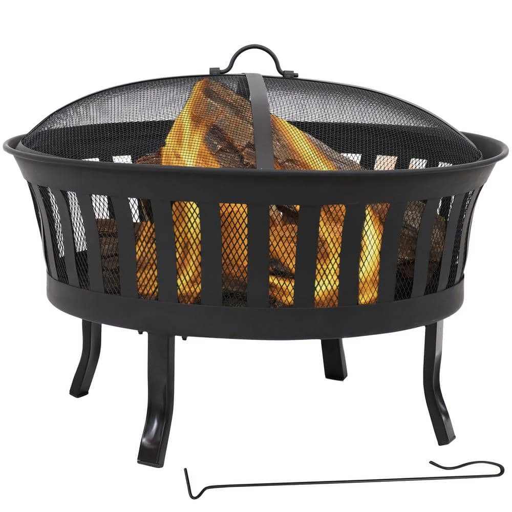 25 In. Steel Mesh Stripe Cutout Fire Pit With Spark Screen And Poker 1 25 In. Steel Mesh Stripe Cutout Fire Pit With Spark Screen And Poker