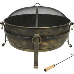34 In. X 23 In. Round Large Steel Cauldron Wood Fire Pit In Black With Spark Screen -Fire Place Store black sunnydaze wood burning fire pits nb cf34 44 1000