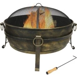 34 In. X 23 In. Round Large Steel Cauldron Wood Fire Pit In Black With Spark Screen