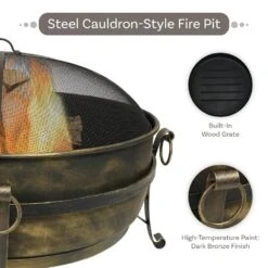 34 In. X 23 In. Round Large Steel Cauldron Wood Fire Pit In Black With Spark Screen -Fire Place Store black sunnydaze wood burning fire pits nb cf34 fa 1000