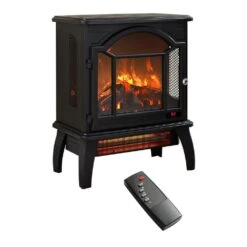 18 In. Freestanding Infrared Quartz Electric Fireplace Stove, Fireplace Stove With Remote Control And 3D Flame In Black -Fire Place Store black toolcat freestanding electric fireplaces mgg70 2 eh 40 1000