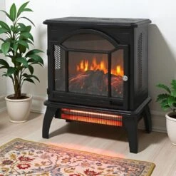 18 In. Freestanding Infrared Quartz Electric Fireplace Stove, Fireplace Stove With Remote Control And 3D Flame In Black