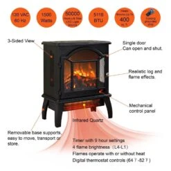 18 In. Freestanding Infrared Quartz Electric Fireplace Stove, Fireplace Stove With Remote Control And 3D Flame In Black -Fire Place Store black toolcat freestanding electric fireplaces mgg70 2 eh a0 1000