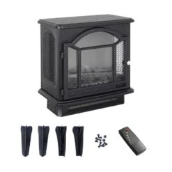 18 In. Freestanding Infrared Quartz Electric Fireplace Stove, Fireplace Stove With Remote Control And 3D Flame In Black -Fire Place Store black toolcat freestanding electric fireplaces mgg70 2 eh c3 1000