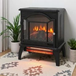 18 In. Freestanding Infrared Quartz Electric Fireplace Stove, Fireplace Stove With Remote Control And 3D Flame In Black -Fire Place Store black toolcat freestanding electric fireplaces mgg70 2 eh fa 1000