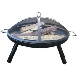 28.74 In. Round Portable Wood Burning Fire Pit Grill With Mesh For Backyard, Party In Black