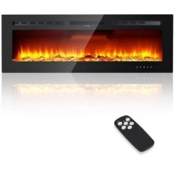 50 In. Wall Mount Electric Fireplace In Black With Remote,Silent Heater,Adjustable Flame Colors Brightness,Touch Control