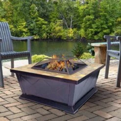 36 In. W X 21 In. H Square Metal Wood Burning Outdoor Leisure Fire Pit With Decorative Slate Hearth