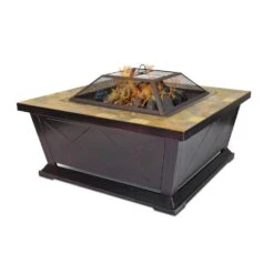 36 In. W X 21 In. H Square Metal Wood Burning Outdoor Leisure Fire Pit With Decorative Slate Hearth -Fire Place Store black with copper highlights wood burning fire pits 5505 77 1000