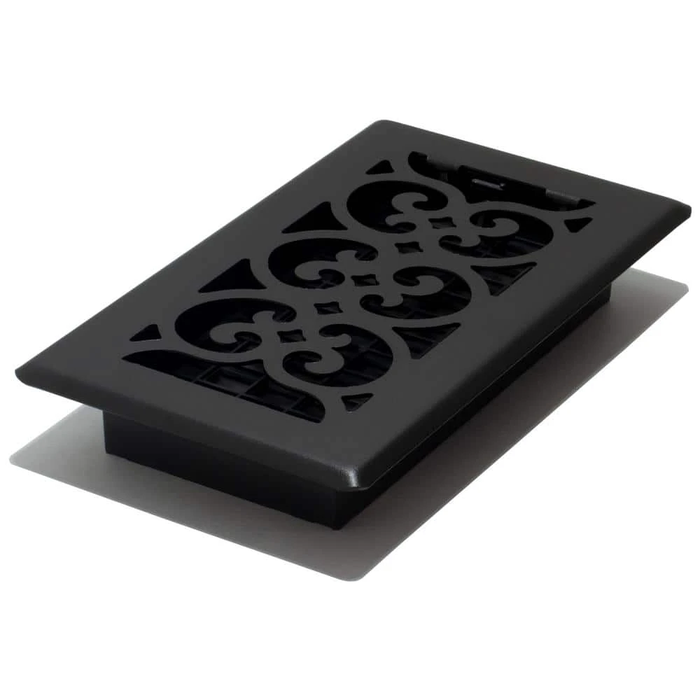 4 In. X 8 In. Scroll Design Painted Floor Registe, Textured Black 1 4 In. X 8 In. Scroll Design Painted Floor Registe, Textured Black