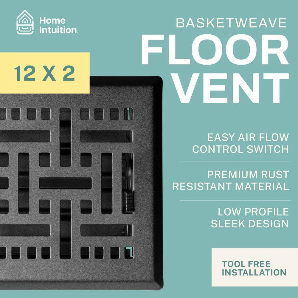 Basketweave 2 X 12 In. Decorative Floor Register Vent With Mesh Cover Trap, Matte Black 2 Basketweave 2 X 12 In. Decorative Floor Register Vent With Mesh Cover Trap, Matte Black - Image 2
