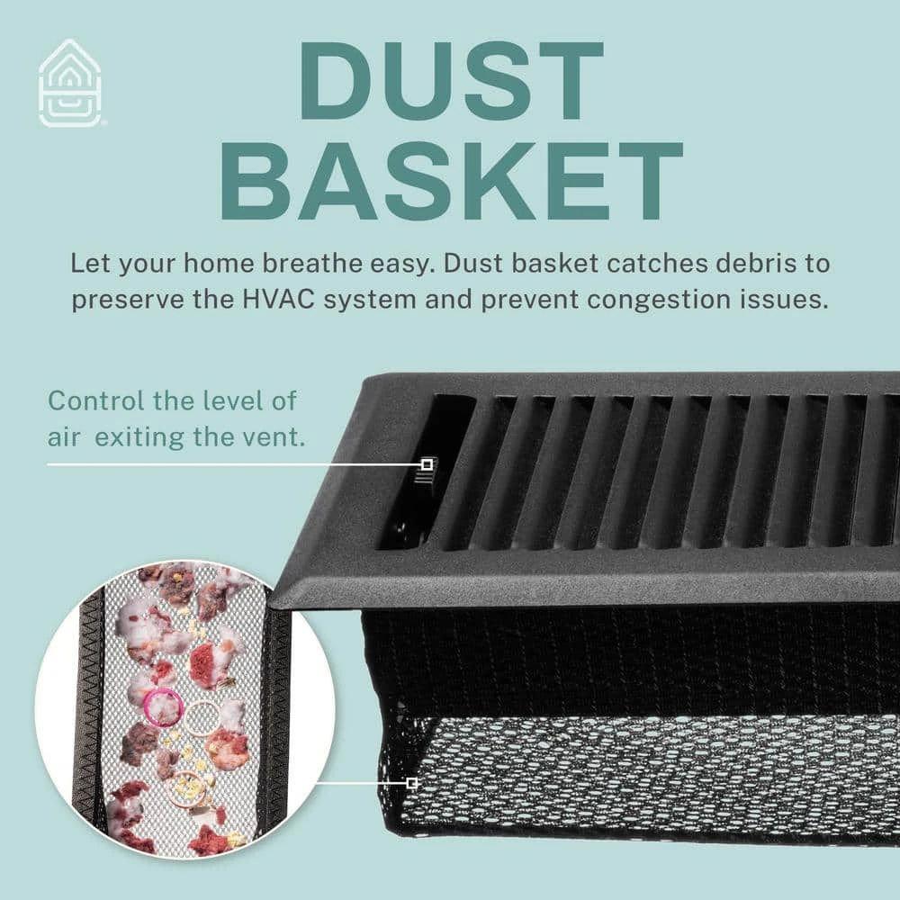 Contemporary 4 In. X 12 In. Decorative Floor Register Vent With Mesh Cover Trap, Matte Black 5 Contemporary 4 In. X 12 In. Decorative Floor Register Vent With Mesh Cover Trap, Matte Black - Image 5