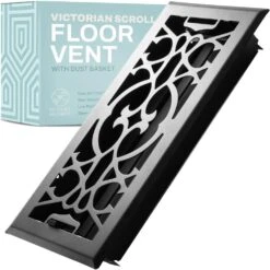 Victorian Scroll 4 In. X 14 In. Decorative Floor Register Vent With Mesh Cover Trap, Matte Black