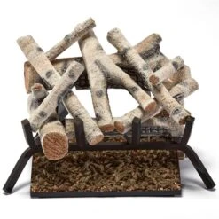 18 In. Birch Wood Vented Natural Gas Fireplace Log Set, 45,000 BTU, Match Light