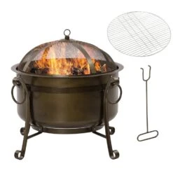 30 In. Outdoor Fire Pit Grill, Portable Steel Wood Burning Bowl, Cooking Grate For Patio, Backyard, BBQ
