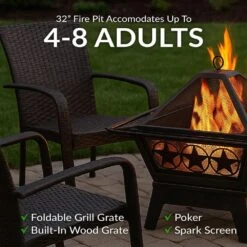Northern Galaxy 32 In. X 24 In. Square Bronze Steel Wood Burning Fire Pit With Cooking Grate And Spark Screen -Fire Place Store bronze sunnydaze wood burning fire pits kf 65126wt 1f 1000