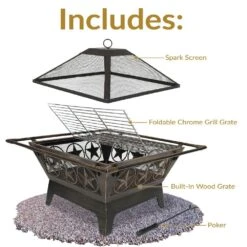 Northern Galaxy 32 In. X 24 In. Square Bronze Steel Wood Burning Fire Pit With Cooking Grate And Spark Screen -Fire Place Store bronze sunnydaze wood burning fire pits kf 65126wt 44 1000