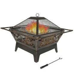 Northern Galaxy 32 In. X 24 In. Square Bronze Steel Wood Burning Fire Pit With Cooking Grate And Spark Screen