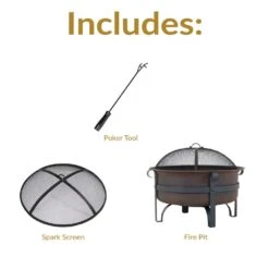 29 In. Round Steel Wood Burning Fire Pit With Cauldron Style And Spark Screen Set In Bronze -Fire Place Store bronze sunnydaze wood burning fire pits nb 206 1f 1000