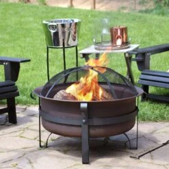 29 In. Round Steel Wood Burning Fire Pit With Cauldron Style And Spark Screen Set In Bronze -Fire Place Store bronze sunnydaze wood burning fire pits nb 206 31 1000