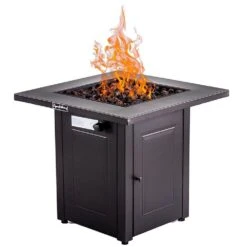 28 In. 50000 BTU Outdoor Propane Square Fire Pit Table With Lid And Lava Rock, Brown For Outside Yard And Lawn